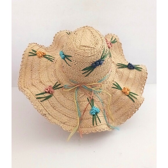 VTG 60-70s Wavy Wide Brim Straw Hat Embroidered Raffia Flowers Handmade Kitchy